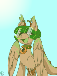 Size: 900x1210 | Tagged: safe, artist:pagophasia, derpibooru exclusive, oc, oc only, oc:hortis culture, hybrid, pony, collar, day, ear tufts, eyes closed, glasses, horns, laughing, leaf, nonbinary, open mouth, raised hoof, round glasses, simple background, solo, unshorn fetlocks, wings