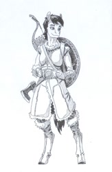 Size: 553x847 | Tagged: safe, artist:adeptus-monitus, oc, oc only, anthro, arrow, axe, bow (weapon), clothes, monochrome, shield, skyrim, smiling, smirk, solo, the elder scrolls, traditional art, weapon