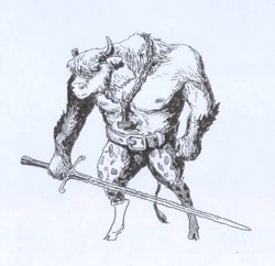 Size: 838x812 | Tagged: safe, artist:adeptus-monitus, oc, oc:gor1ck, bison, buffalo, anthro, barbarian, clothes, cloven hooves, hammer, monochrome, solo, sword, traditional art, weapon