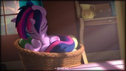 Size: 3840x2160 | Tagged: safe, artist:steamyart, twilight sparkle, pony, unicorn, g4, 3d, alternate hairstyle, basket, bed, behaving like a cat, cute, female, high res, horn, mare, pet bed, pony pet, punk, punklight sparkle, sleeping, solo, source filmmaker, tongue out, twiabetes, twilight cat, unicorn twilight