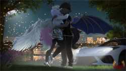 Size: 7680x4320 | Tagged: safe, artist:loveslove, oc, oc only, oc:black night, oc:blazey sketch, bat pony, pegasus, anthro, plantigrade anthro, 3d, absurd file size, absurd resolution, bat ears, bat pony oc, bat wings, breasts, busty oc, car, clothes, couple, detailed background, duo, duo male and female, eyes closed, female, flower, gift art, hug, kissing, male, night, outdoors, pants, pegasus oc, shirt, shoes, sneakers, source filmmaker, spread wings, tail, tree, vehicle, wings