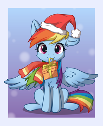 Size: 2000x2448 | Tagged: safe, artist:kafuupone, rainbow dash, pegasus, pony, chest fluff, christmas, clothes, cute, daaaaaaaaaaaw, dashabetes, female, hat, holiday, looking at you, mare, mouth hold, one ear down, present, santa hat, scarf, smiling, solo, spread wings, wings
