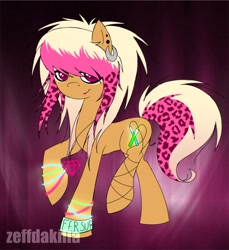 Size: 2250x2458 | Tagged: safe, artist:zeffdakilla, oc, oc only, unnamed oc, earth pony, pony, abstract background, blonde hair, bracelet, ear piercing, earring, glowstick, high res, jewelry, necklace, piercing, pink hair, raised hoof, raised leg, rave, raver, scene, scene kid, smiling, solo, standing