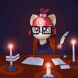 Size: 2300x2300 | Tagged: safe, artist:kumakum, moondancer, pony, unicorn, g4, book, candle, clothes, female, glasses, glowing, glowing horn, hair accessory, high res, horn, inkwell, looking at you, magic, mare, quill, sitting, solo, sweater, taped glasses, telekinesis