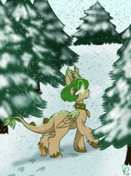 Size: 900x1210 | Tagged: safe, artist:pagophasia, derpibooru exclusive, oc, oc only, oc:hortis culture, hybrid, pony, collar, day, ear tufts, forest, frog (hoof), full body, glasses, hoofprints, horns, leaf, looking back, nonbinary, round glasses, snow, snowfall, solo, tree, underhoof, unshorn fetlocks, walking, wings, winter