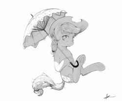 Size: 3840x3260 | Tagged: safe, artist:naafreelanceartist, applejack, earth pony, pony, g4, applejack's hat, cowboy hat, cute, female, grayscale, hat, high res, hoof hold, jackabetes, looking at you, mare, monochrome, parasol (umbrella), signature, simple background, smiling, solo, underhoof, white background