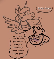 Size: 716x773 | Tagged: safe, artist:nootaz, princess celestia, oc, oc:nootaz, alicorn, pony, unicorn, g4, eyes closed, frown, grammar error, lidded eyes, smiling, smug, sweat, thought bubble