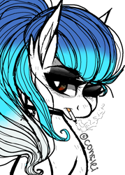 Size: 860x1200 | Tagged: safe, artist:conflei, oc, oc only, earth pony, pony, choker, cigarette, ear fluff, earth pony oc, female, mare, one eye closed, solo, wink