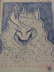 Size: 955x1257 | Tagged: safe, artist:prettyshinegp, oc, oc only, pony, unicorn, bust, ethereal mane, eyes closed, female, horn, lined paper, mare, solo, starry mane, traditional art, unicorn oc