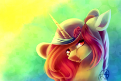 Size: 3000x2000 | Tagged: safe, artist:prettyshinegp, oc, oc only, pony, unicorn, abstract background, bust, female, hat, high res, horn, mare, signature, solo, sun hat, unicorn oc