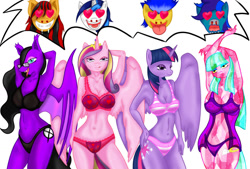 Size: 1550x1050 | Tagged: safe, artist:darknazawrath, flash sentry, princess cadance, shining armor, twilight sparkle, oc, alicorn, bat pony, crystal pony, anthro, g4, :d, arm behind head, bat pony oc, bat wings, bedroom eyes, blood, bra, clothes, glasses, heart, heart eyes, lingerie, male, nosebleed, open mouth, open smile, simple background, smiling, twilight sparkle (alicorn), underwear, white background, wingding eyes, wings