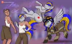 Size: 7471x4613 | Tagged: safe, artist:splashtf, oc, oc only, human, pegasus, pony, clothes, female, firefighter, firefighter helmet, helmet, human to pony, male, male to female, mare, patreon, patreon logo, pegasus oc, rule 63, shorts, transformation, transformation sequence, transgender transformation