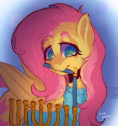 Size: 2494x2668 | Tagged: safe, artist:yumkandie, fluttershy, pegasus, pony, g4, candle, clothes, eye reflection, female, folded wings, freckles, hanukkah, high res, judaism, looking at something, mare, menorah, mouth hold, reflection, solo, sweater, sweatershy, turned head, wings