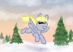 Size: 2100x1500 | Tagged: safe, artist:nootaz, derpy hooves, pegasus, pony, g4, eyes closed, flying, happy, open mouth, open smile, pine tree, smiling, snow, solo, spread wings, tree, wings, winter
