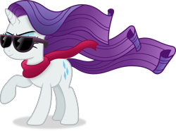 Size: 5398x4021 | Tagged: safe, artist:anime-equestria, rarity, pony, unicorn, g4, absurd resolution, clothes, eyebrows, eyeshadow, female, horn, makeup, mare, raised hoof, scarf, shadow, simple background, smiling, smirk, solo, sunglasses, tail, transparent background, vector, wavy mane, windswept mane, windswept tail