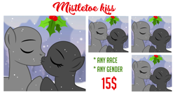 Size: 1200x654 | Tagged: safe, artist:jennieoo, oc, commission, eyes closed, holly, holly mistaken for mistletoe, kiss on the lips, kissing, snow, snowfall, vector, your character here