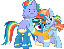 Size: 3857x3000 | Tagged: safe, artist:cloudy glow, bow hothoof, rainbow dash, windy whistles, pegasus, pony, g4, parental glideance, .ai available, clothes, family, father and child, father and daughter, female, goggles, high res, hug, male, mare, mother and child, mother and daughter, simple background, stallion, transparent background, trio, uniform, vector, wonderbolts uniform