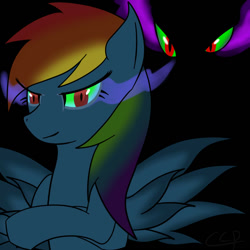 Size: 800x800 | Tagged: safe, artist:cat-morrison, king sombra, rainbow dash, pegasus, pony, umbrum, unicorn, g4, black background, corrupted, corrupted rainbow dash, crossed hooves, dark magic, darkened coat, darkened hair, duo, duo male and female, female, female focus, looking at you, magic, male, mare, mind control, possessed, possession, simple background, solo focus, sombra eyes, spread wings, wings