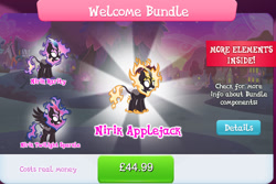 Size: 1281x858 | Tagged: safe, gameloft, applejack, rarity, twilight sparkle, kirin, nirik, winged kirin, g4, my little pony: magic princess, applejack's hat, bundle, cloven hooves, collection, costs real money, cowboy hat, english, fangs, female, fire, hat, horn, kirin applejack, kirin rarity, kirin twilight, kirin-ified, mane of fire, mobile game, species swap, spread wings, text, twilight sparkle (alicorn), wings