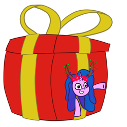 Size: 2048x2048 | Tagged: safe, artist:knife smile, izzy moonbow, pony, unicorn, g5, antlers, box, female, high res, looking at you, mare, present, simple background, solo, the izzy box, transparent background