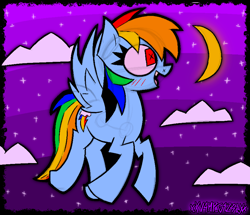 Size: 1766x1516 | Tagged: safe, artist:xxv4mp_g4z3rxx, rainbow dash, pegasus, pony, g4, alternate hair color, blue coat, blushing, cloud, flying, looking up, moon, multicolored hair, night, rainbow hair, red eyes, solo, spread wings, stars, wings