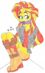 Size: 1170x1909 | Tagged: safe, artist:godzilla713, sunset shimmer, human, equestria girls, g4, bondage, cloth gag, female, gag, simple background, solo, tied up, traditional art, white background