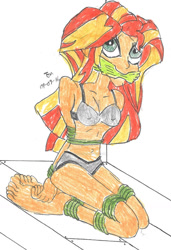 Size: 739x1081 | Tagged: safe, artist:godzilla713, sunset shimmer, human, equestria girls, g4, bondage, breasts, cloth gag, clothes, female, gag, kidnapped, simple background, solo, tied up, traditional art, underwear, white background