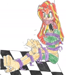 Size: 1700x1941 | Tagged: safe, artist:godzilla713, sunset shimmer, human, equestria girls, g4, bondage, cloth gag, female, gag, simple background, solo, tied up, traditional art, white background