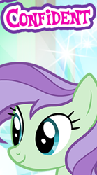 Size: 205x368 | Tagged: safe, gameloft, violet twirl, pony, g4, my little pony: magic princess, confident, cropped, english, female, friendship student, mare, meme, smiling, solo, text, wow! glimmer