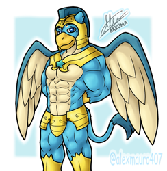 Size: 595x610 | Tagged: safe, artist:alexmauro407, gallus, griffon, anthro, g4, the last problem, abs, arm behind back, armor, gallifts, helmet, looking at you, male, muscles, muscular male, older, older gallus, royal guard, royal guard gallus, sexy, solo, spread wings, stupid sexy gallus, unconvincing armor, wings