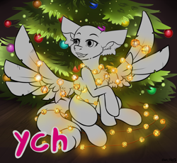 Size: 1880x1732 | Tagged: safe, artist:yuris, oc, oc only, pegasus, pony, advertisement, any gender, auction, auction open, christmas, christmas tree, commission, ears back, garland, happy new year, holiday, new year, open mouth, smiling, solo, spread wings, tree, wings, ych sketch, your character here