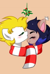 Size: 1376x2044 | Tagged: safe, artist:kittyrosie, oc, oc only, oc:alabastor amril, oc:alexus nictivia, earth pony, pegasus, pony, agent alabastor amril, christmas, clothes, commission, couple, duo, earth pony oc, eyes closed, holiday, kissing, mistleholly, pegasus oc, scarf, shared clothing, shared scarf, shipping, simple background, striped scarf, ych result