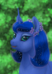 Size: 1200x1702 | Tagged: safe, artist:soobel, princess luna, alicorn, pony, g4, bust, chubby, female, flower, flower in hair, looking at you, mare, open mouth, portrait, solo