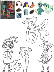 Size: 3000x4000 | Tagged: safe, artist:enperry88, end zone, ocarina green, earth pony, inkling, octoling, pegasus, pony, g4, aloha shirt, cap, clothes, collaboration, collage, crossover, dadfoot sandals, devil horn (gesture), enperry (splatoon), flip flops, flying, friendship student, gesture, hat, headphones, inkling girl, looking at each other, looking at someone, octoling girl, outfit, shirt, shoes, simple background, skalop (splatoon), splatoon, splatoon 3, spread wings, transparent background, wings, zekko (splatoon), zink (splatoon)