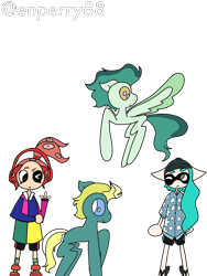 Size: 3000x4000 | Tagged: safe, artist:enperry88, end zone, ocarina green, earth pony, inkling, octoling, pegasus, pony, g4, aloha shirt, cap, clothes, collaboration, collage, crossover, dadfoot sandals, devil horn (gesture), enperry (splatoon), flip flops, flying, friendship student, gesture, hat, headphones, inkling girl, looking at each other, looking at someone, octoling girl, shirt, shoes, simple background, skalop (splatoon), splatoon, splatoon 3, spread wings, transparent background, wings, zink (splatoon)