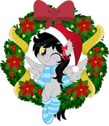 Size: 4320x5000 | Tagged: safe, artist:jhayarr23, oc, oc only, oc:lightning dee, pegasus, pony, bow, christmas, clothes, colored sclera, commission, ear bow, fangs, female, hat, holiday, mare, one eye closed, santa hat, scarf, simple background, sitting, socks, solo, spread wings, striped socks, transparent background, wings, wink, wreath, ych result