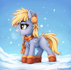Size: 1331x1314 | Tagged: safe, artist:zeepheru_pone, derpy hooves, pegasus, pony, g4, chest fluff, clothes, cute, derpabetes, ear fluff, earmuffs, female, mare, scarf, smiling, snow, snowfall, solo, standing, striped scarf, winter