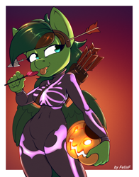 Size: 2480x3157 | Tagged: safe, artist:felixf, oc, oc:windy barebow evergreen, pegasus, anthro, archery, arrow, bow (weapon), breasts, candy, clothes, commission, costume, eating, female, food, halloween, high res, holiday, jack-o-lantern, licking, lollipop, pumpkin, quiver, skeleton costume, skintight clothes, solo, tongue out, wings