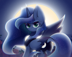 Size: 2500x2000 | Tagged: safe, artist:miryelis, princess luna, alicorn, pony, g4, big ears, flower, high res, horn, impossibly large ears, long hair, looking at you, moon, night, sky, smiling, smiling at you, solo, standing, stars, wings