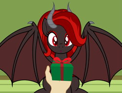 Size: 2753x2100 | Tagged: safe, artist:badumsquish, derpibooru exclusive, oc, oc:kim stone, bat pony, demon, demon pony, human, monster pony, original species, pony, g4, :o, bat wings, bow, box, christmas presents, duo, eyeliner, eyes on the prize, eyeshadow, female, hand, high res, house, looking at something, makeup, mare, offscreen character, open mouth, pov, present, red eyes, ribbon, sitting, slit pupils, spread wings, surprised, wholesome, wings