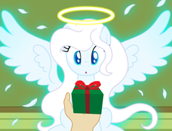 Size: 2753x2100 | Tagged: safe, artist:badumsquish, derpibooru exclusive, oc, oc:zophiel, angel, angel pony, human, original species, pony, g4, :o, bow, box, christmas presents, cute, duo, eyes on the prize, feather, female, floating wings, glowing, halo, hand, high res, house, long mane, looking at something, mare, ocbetes, offscreen character, open mouth, pov, present, ribbon, sitting, spread wings, surprised, wholesome, wings