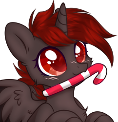 Size: 2634x2720 | Tagged: safe, artist:mariashek, artist:mint-light, oc, oc only, oc:hardy, alicorn, pony, alicorn oc, base used, bust, candy, candy cane, female, food, high res, horn, mare, rule 63, simple background, solo, transparent background, wings