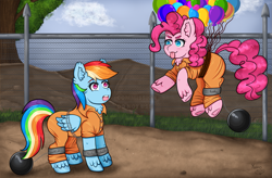 Size: 1533x1004 | Tagged: safe, artist:yumomochan, pinkie pie, rainbow dash, earth pony, pegasus, pony, g4, :p, ball and chain, balloon, chains, clothes, commission, escape, jumpsuit, never doubt rainbowdash69's involvement, pinkie being pinkie, prison, prison outfit, prisoner, prisoner pp, prisoner rd, silly face, tongue out