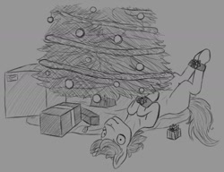 Size: 1280x981 | Tagged: safe, artist:stray prey, oc, oc only, oc:lucent, pony, unicorn, belly, bondage, christmas, christmas tree, holiday, lying down, on back, solo, sternocleidomastoid, tree