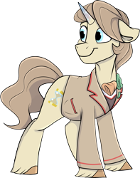 Size: 927x1175 | Tagged: safe, artist:rutkotka, doctor whooves, time turner, pony, unicorn, 2023 community collab, derpibooru community collaboration, g5, my little pony: a new generation, ascot tie, clothes, commission, doctor who, fifth doctor, frock coat, horn, jumper, male, peter davison, shirt, simple background, smiling, solo, stallion, standing, transparent background