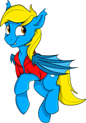 Size: 960x1367 | Tagged: safe, artist:rutkotka, oc, oc only, oc:aliax, oc:aliax smily, bat pony, pony, 2023 community collab, derpibooru community collaboration, bat pony oc, blue, clothes, commission, jacket, simple background, smiling, solo, transparent background, ych result, your character here