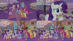 Size: 4400x2475 | Tagged: safe, edit, edited screencap, editor:quoterific, screencap, applejack, fluttershy, pinkie pie, rainbow dash, rarity, spike, starlight glimmer, twilight sparkle, alicorn, pony, g4, the last problem, clothes, coronation dress, dress, mane six, odd one out, second coronation dress, twilight sparkle (alicorn)