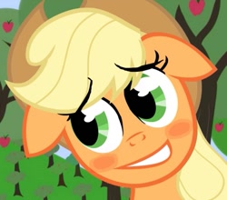 Size: 683x602 | Tagged: safe, artist:ponywarlord777, applejack, earth pony, pony, g4, adobe animate, apology, apple, apple tree, blushing, floppy ears, grin, nervous, nervous smile, puppy dog eyes, smiling, solo, tree