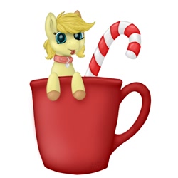 Size: 1280x1280 | Tagged: safe, artist:stray prey, oc, oc only, earth pony, pony, :p, candy, candy cane, collar, cup, cup of pony, digital art, female, food, looking at you, mare, micro, mug, simple background, solo, tongue out, white background