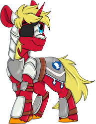 Size: 1053x1364 | Tagged: safe, artist:rutkotka, oc, oc only, oc:steel prism, pony, unicorn, 2023 community collab, derpibooru community collaboration, ponyfinder, armor, dungeons and dragons, eyepatch, horn, male, pen and paper rpg, rpg, simple background, smiling, solo, stallion, transparent background, unicorn oc